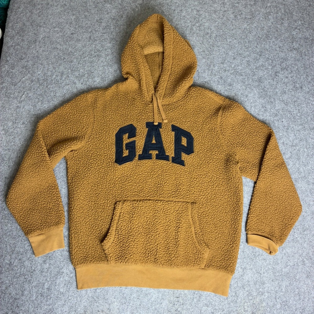 Gap Mens Sherpa Fleece Hoodie Brown Logo Pullover Sweatshirt Size Medium